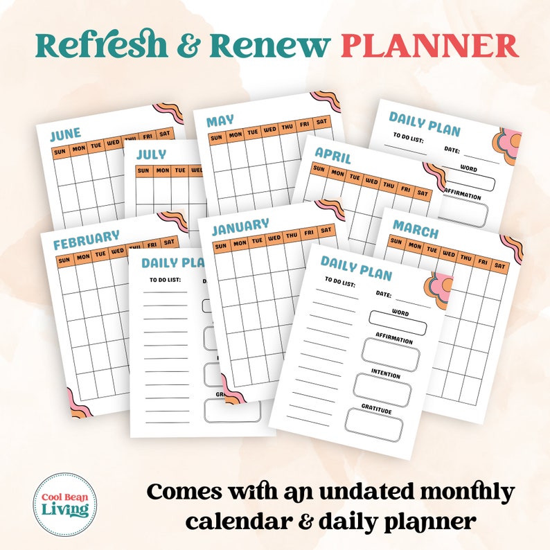 refresh and renew planner includes undated monthly calendar and daily planner