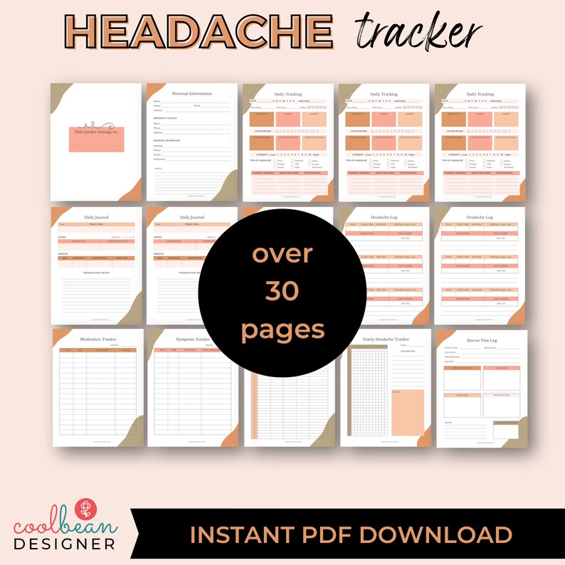 printable chronic headache tracker with over 30 pages