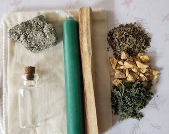 Money Spell Pouch Kit: Herbs, Crystal, Candle & Bottle