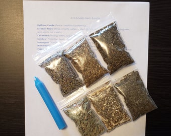 May include: An "Anti-Anxiety Herb Bundle" includes a light blue candle and several small, clear bags filled with dried herbs. The included herbs are lavender flower, chickweed, comfrey, lemongrass, motherwort, and pepper.