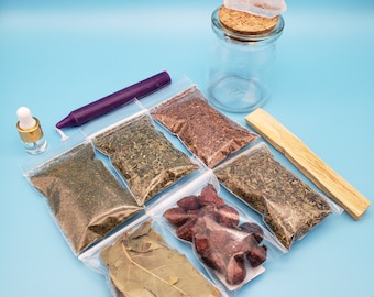 May include: A collection of herbs, spices, and other ingredients for a spell or ritual. The items include dried herbs in clear plastic bags, a purple candle, a clear glass jar with a cork stopper, a small wooden stick, and a clear quartz crystal.