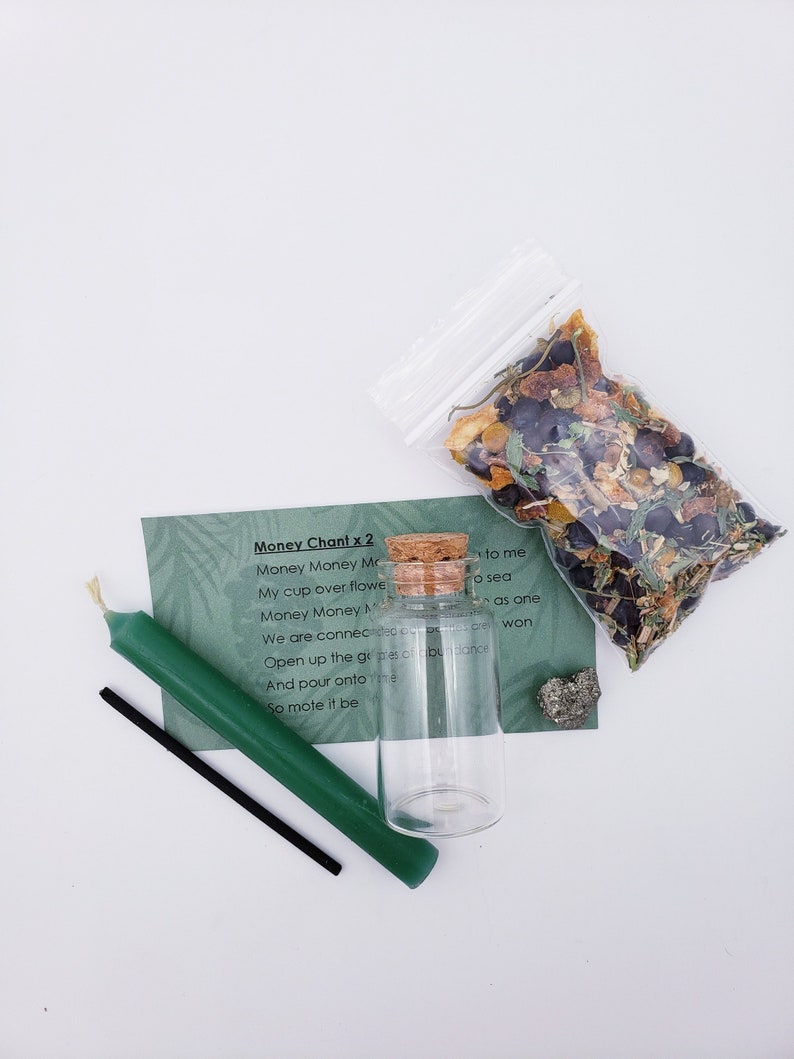 Mini Money Spell Kit: Herbal Blend, Crystal & Candle image 1