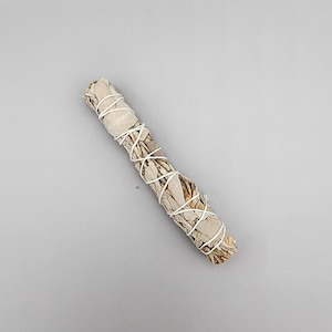May include: A white sage smudge stick tied with twine. The stick is about 6 inches long and is made of dried white sage leaves.