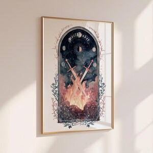 Puede incluir: Impresi&oacute;n art&iacute;stica enmarcada con una ilustraci&oacute;n en acuarela. La obra representa dos espadas cruzadas sobre una escena de fuego, dentro de un marco arqueado. Las palabras "world under" est&aacute;n en la parte superior. Paleta de colores: azules, rojos y dorados.