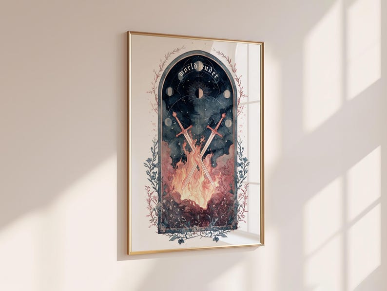 Puede incluir: Impresi&oacute;n art&iacute;stica enmarcada con una ilustraci&oacute;n en acuarela. La obra representa dos espadas cruzadas sobre una escena de fuego, dentro de un marco arqueado. Las palabras "world under" est&aacute;n en la parte superior. Paleta de colores: azules, rojos y dorados.