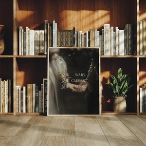 Puede incluir: Una impresi&oacute;n enmarcada con el texto "Be wary. Be clever. Be good." sobre un fondo oscuro. La impresi&oacute;n se muestra en un suelo de madera frente a una estanter&iacute;a llena de libros y una peque&ntilde;a planta en maceta.