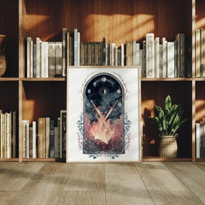 Puede incluir: Impresi&oacute;n art&iacute;stica enmarcada que presenta una escena de fantas&iacute;a con espadas cruzadas sobre un infierno de fuego. La obra de arte incluye el texto "world under" en un dise&ntilde;o arqueado, con elementos celestiales y acentos florales.