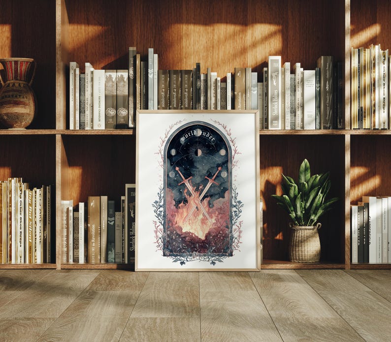 Puede incluir: Impresi&oacute;n art&iacute;stica enmarcada que presenta una escena de fantas&iacute;a con espadas cruzadas sobre un infierno de fuego. La obra de arte incluye el texto "world under" en un dise&ntilde;o arqueado, con elementos celestiales y acentos florales.