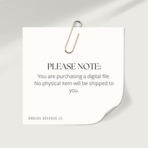 K&ouml;nnte beinhalten: Ein wei&szlig;er Zettel mit einer silbernen B&uuml;roklammer oben. Der Zettel lautet "PLEASE NOTE: You are purchasing a digital file. No physical item will be shipped to you. DARLING DREAMER CO."