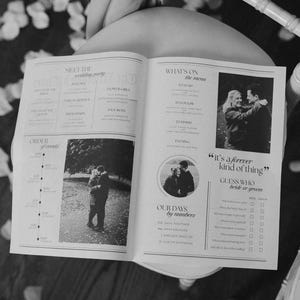May include: Open wedding program with black and white photos of a couple. The program includes text such as "Meet the wedding party", "What's on the menu", and "Our days by numbers". The program is on a white chair.
