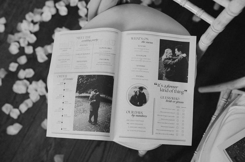 May include: Open wedding program with black and white photos of a couple. The program includes text such as "Meet the wedding party", "What's on the menu", and "Our days by numbers". The program is on a white chair.