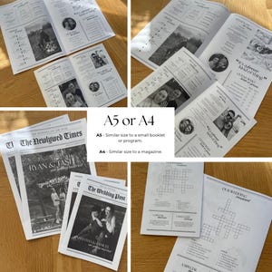 May include: Assortment of wedding stationery, including newspaper-style programs and booklets. The designs feature photos, timelines, and crossword puzzles. The text reads "The Newlywed Times" and "The Wedding Post."