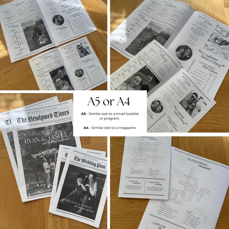 May include: Assortment of wedding stationery, including newspaper-style programs and booklets. The designs feature photos, timelines, and crossword puzzles. The text reads "The Newlywed Times" and "The Wedding Post."