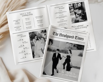 May include: Wedding stationery set featuring a newspaper-style invitation and menu. The newspaper headline reads "The Newlywed Times" with the date "12th July 2025". The invitation includes a black and white photo of the couple.