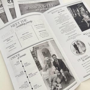 May include: Newspaper-style wedding programs with the headline "The Newlywed Times" and the names "Jessica & Lee." The programs include the wedding party, order of events, and menu. A photo of the couple is featured.