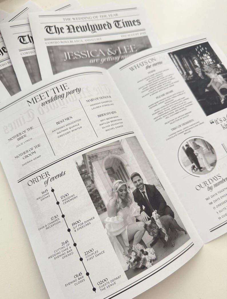 May include: Newspaper-style wedding programs with the headline "The Newlywed Times" and the names "Jessica & Lee." The programs include the wedding party, order of events, and menu. A photo of the couple is featured.