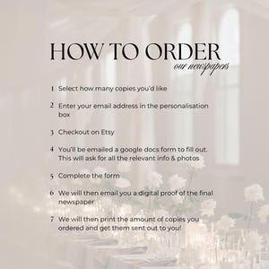 May include: A beige graphic with the text "HOW TO ORDER our newspapers". Instructions include selecting copies, entering an email, checking out on Etsy, completing a form, and receiving a digital proof. The final step is printing and sending the newspapers.
