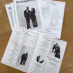 May include: A collection of wedding newspapers with the headline "The Newlywed Times." The front page features a couple with the text "Bridgett & Prince are getting married." Inside, there's a crossword puzzle, event details, and a menu.