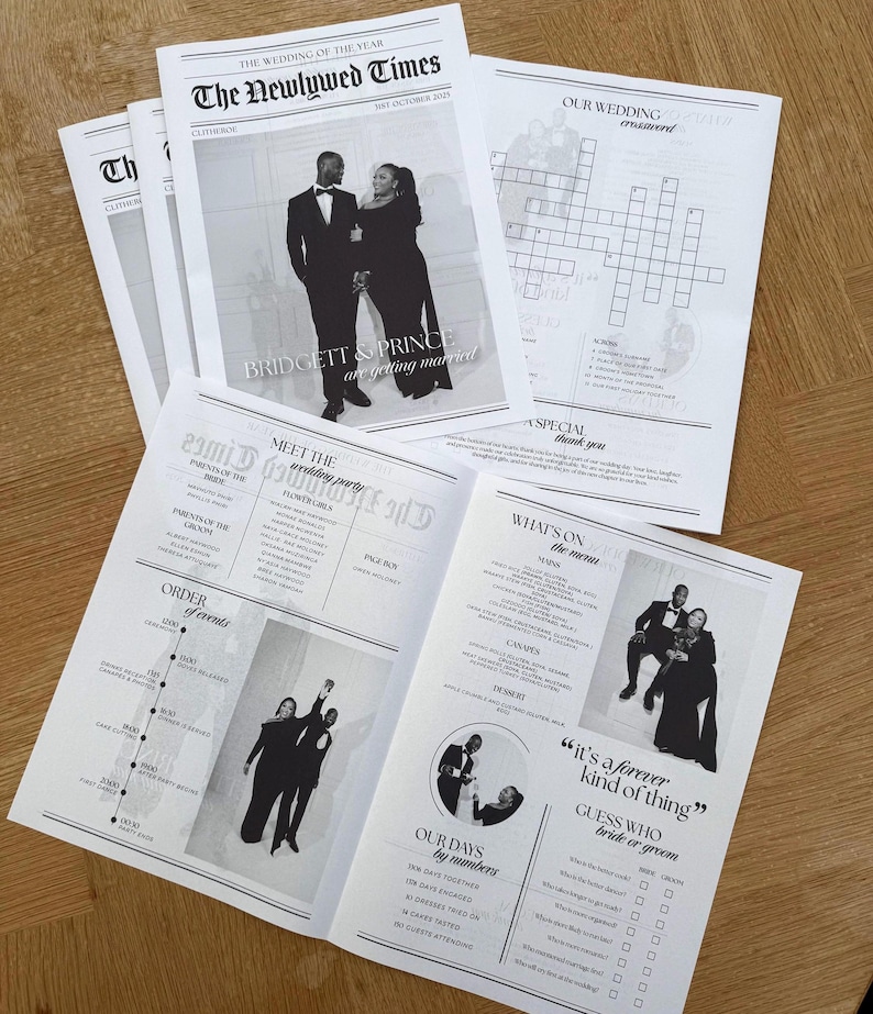 May include: A collection of wedding newspapers with the headline "The Newlywed Times." The front page features a couple with the text "Bridgett & Prince are getting married." Inside, there's a crossword puzzle, event details, and a menu.