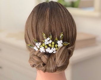 Épingles à cheveux de mariage avec fleurs et branche d'olivier, Clip avec feuilles d'olivier, Coiffure de mariée pour mariage rustique, Italie