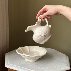Vintage McCoy Cream Speckled Mini Pitcher and Wash Basin With Grape Detailing