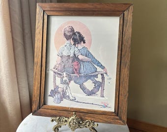 Vintage Norman Rockwell Boy & Girl Gazing Moon Puppy Love Spooners Framed Print