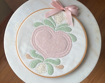 Vintage Pastel Quilted Floral Heart Hoop Wall Hanging With Ribbon