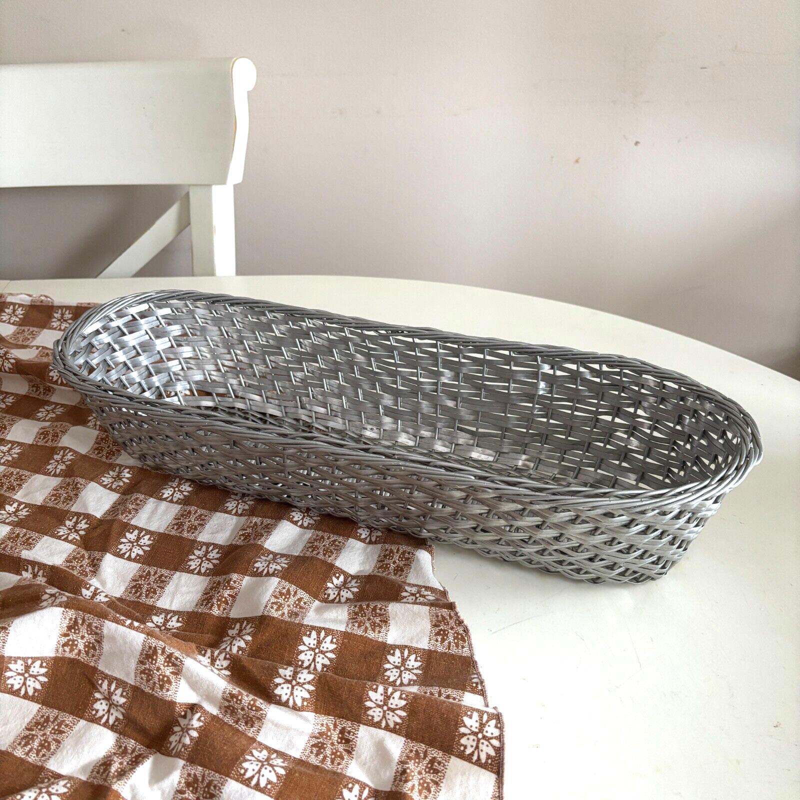Vintage Metal Silver Toned Woven Braided Baguette Bread Or Fruit Basket