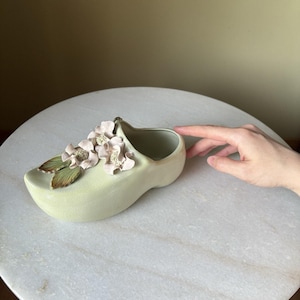 Majolica Ceramic Clog Planter Floral Shoe Mint Green Handmade Spring Decor