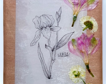 Diseño floral iris envuelto en resina / arte floral de resina / flores de resina seca / flores prensadas / flor de febrero