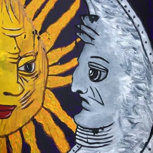 May include: A painting depicting a sun and moon with human faces. The sun is yellow with a red mouth and black eyes. The moon is grey with a black eye and mouth. The background is purple.