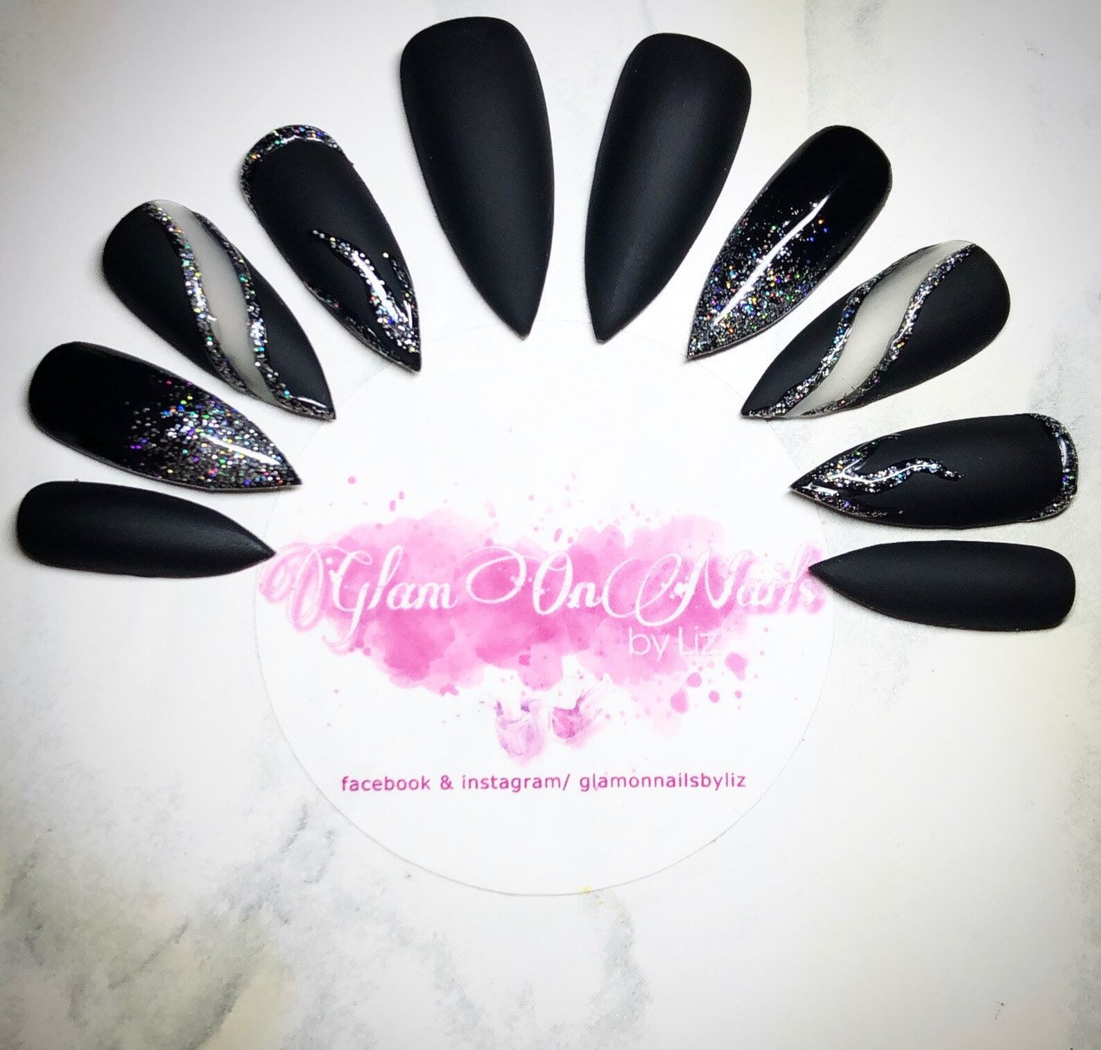 Black silver glitter press on nails | Etsy