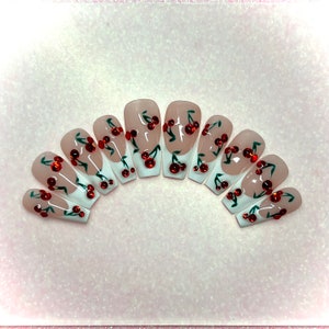 French manicure w/ rhinestone cherry spring press on nails