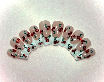 French manicure w/ rhinestone cherry spring press on nails