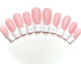 Elegant Pearl French manicure w/ natural pink base press on nails