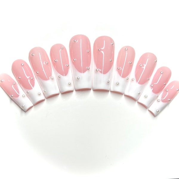 Elegant Pearl French manicure w/ natural pink base press on nails
