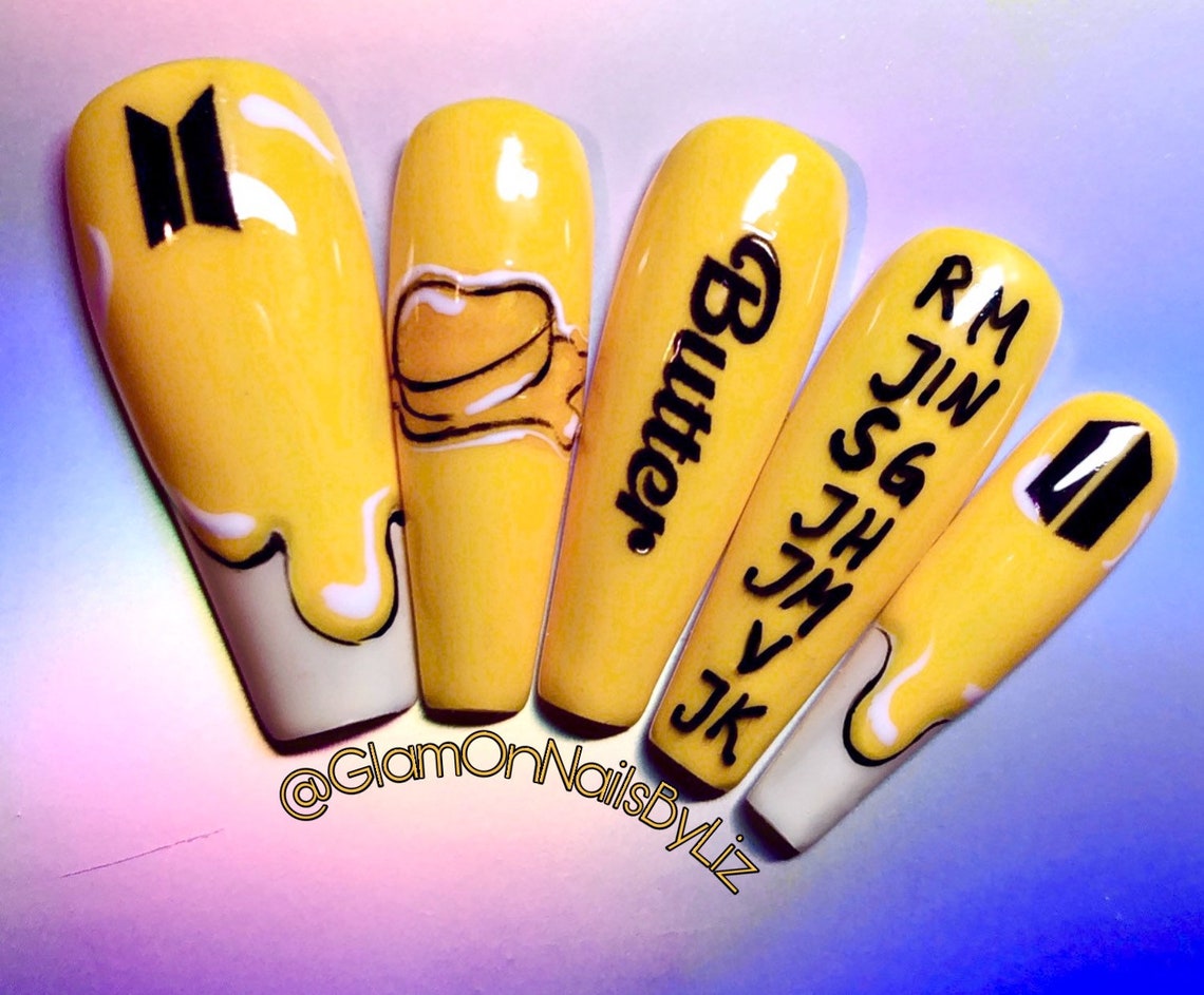 BTS BUTTER Press on nails fake nails Kpop yellow nails Etsy