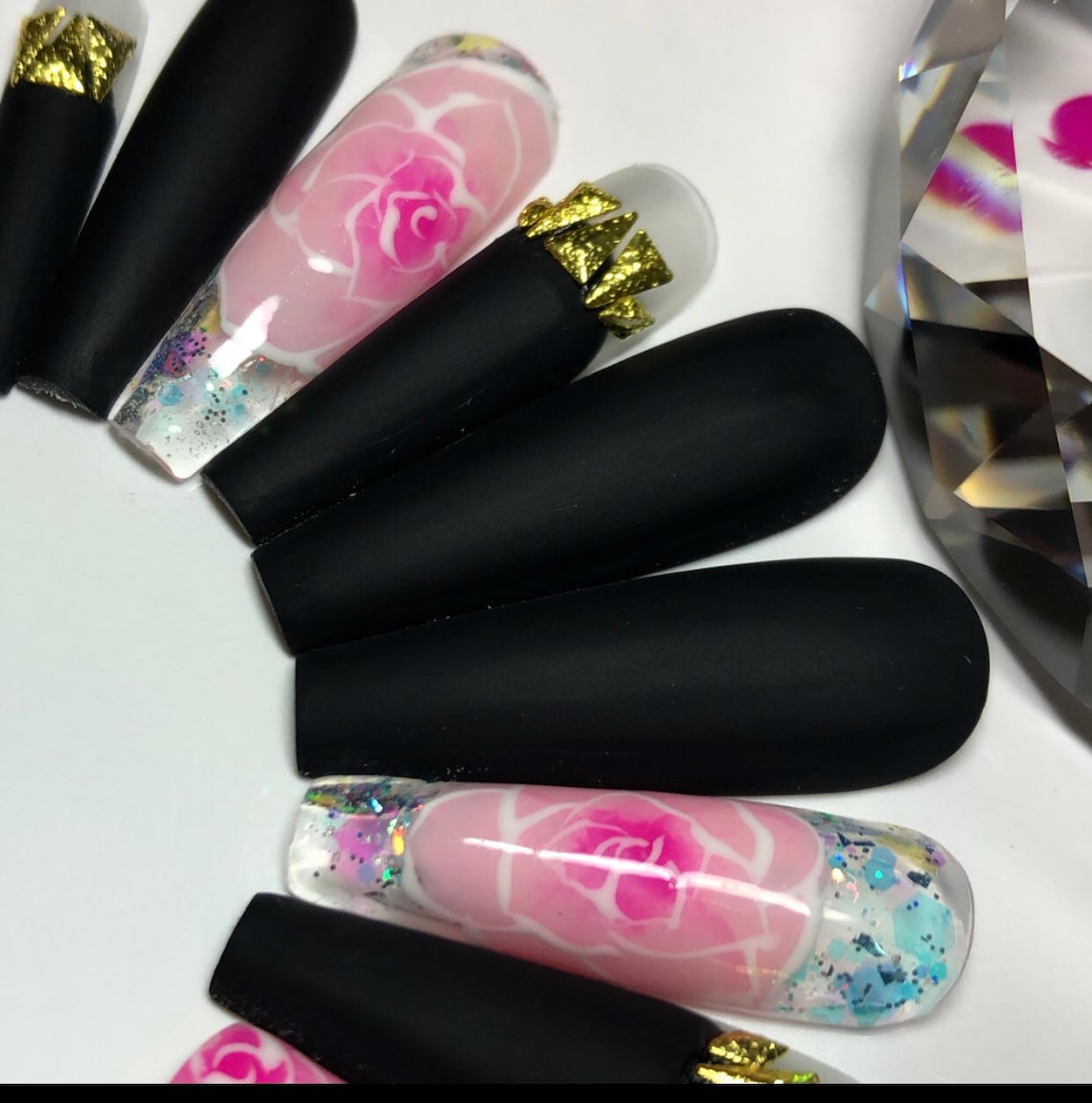 pink and black press on nails