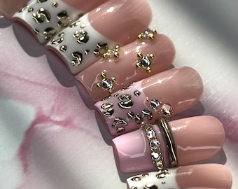 Gold leopard print on Pink/ White Thick French Press on nails w/ bangle details