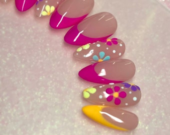 Colorful bright French press on nails / flowers