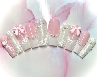 Cute white shimmer kawaii press on nails w/ pearls and pink bows