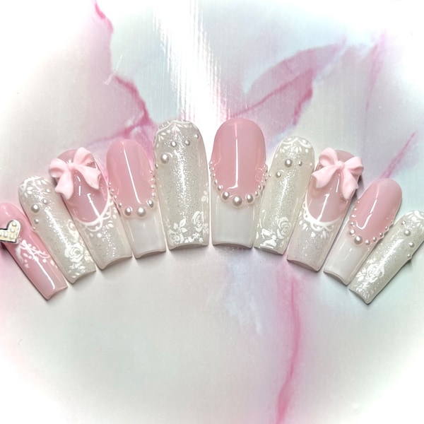 Cute white shimmer kawaii press on nails w/ pearls and pink bows