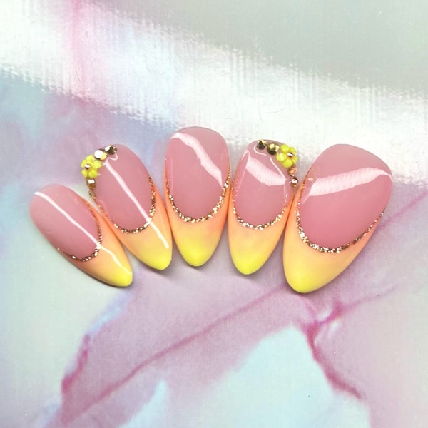 Colorful bright yellow/orange ombre French press on nails