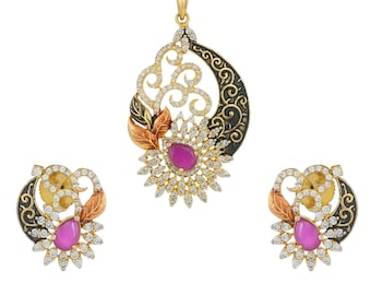 Antikes Gold überzogener Rubin Anhänger Halsketten Set: Bollywood Modeschmuck