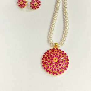 Ruby Pendant Necklace, Pearl String Pendant set with earrings , Gold Plated wedding jewelry, Emerald Pendant with pearl