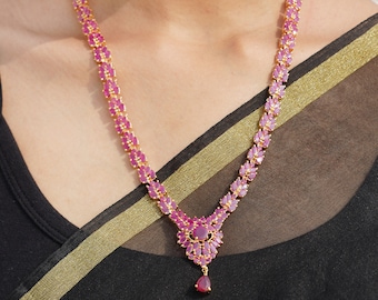Ruby necklace, emerald necklace, indian necklace, long necklace, South Indian necklace, gemstone necklace, gold platted necklace, red&green
