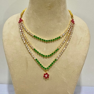 22k Gold Ruby Emerald Diamond Tennis Necklace: South Indian Bridal Jewelry