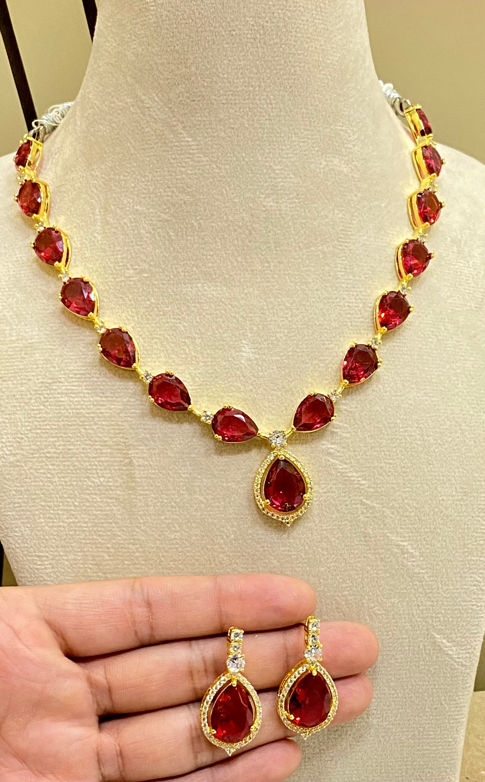 Rayfineornates Ruby Gemstone Necklace Set Ruby Designer Fashion Necklace Set Gold Necklace Set Luxury Designer Necklace South Indian Jewelry
