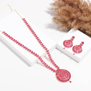 22k Gold Plated Ruby Long Haram Necklace Set | South Indian Bridal Jewelry | Ethnic Wedding Statement Necklace Earrings | Gift For Her