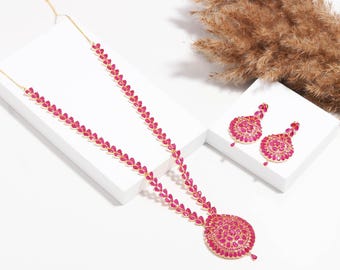 22k Gold Plated Ruby Long Haram Necklace Set | South Indian Bridal Jewelry | Ethnic Wedding Statement Necklace Earrings | Gift For Her